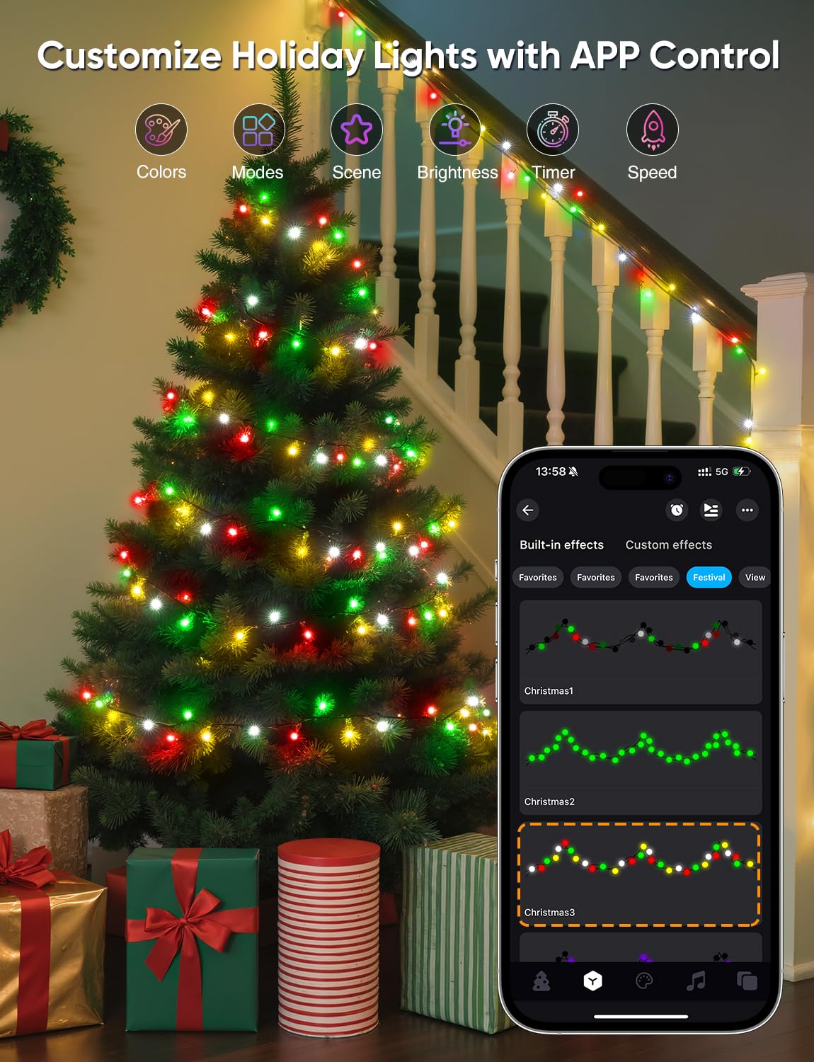Ollny Smart Christmas Lights, 197FT 600 LED, RGB Color Changing, Waterproof, APP Control, Model NYA0600R, Dark Wire