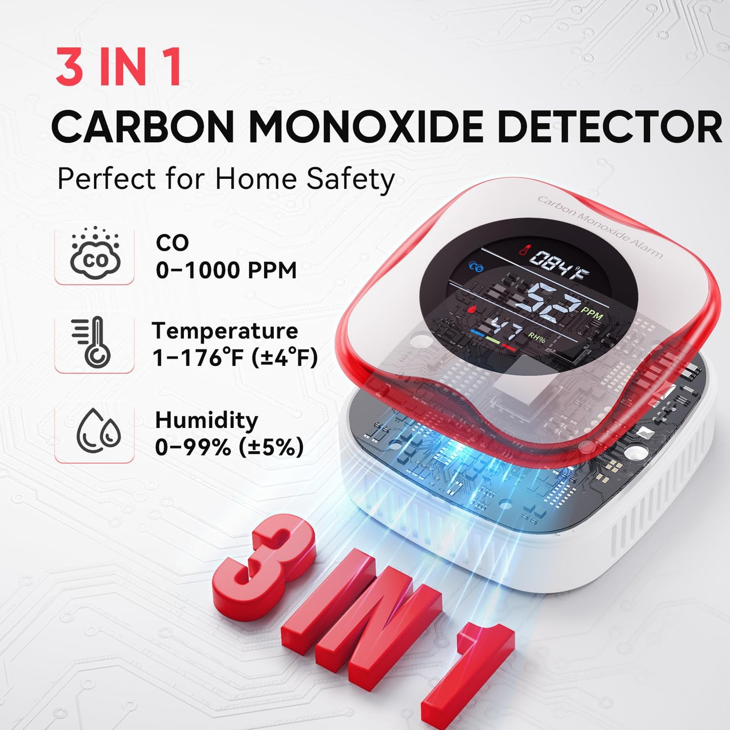 Carbon Monoxide Detectors Plug in, 3-in-1 Portable CO Detector with Temperature & Humidity Display for Home, Hotel, RV & Travel