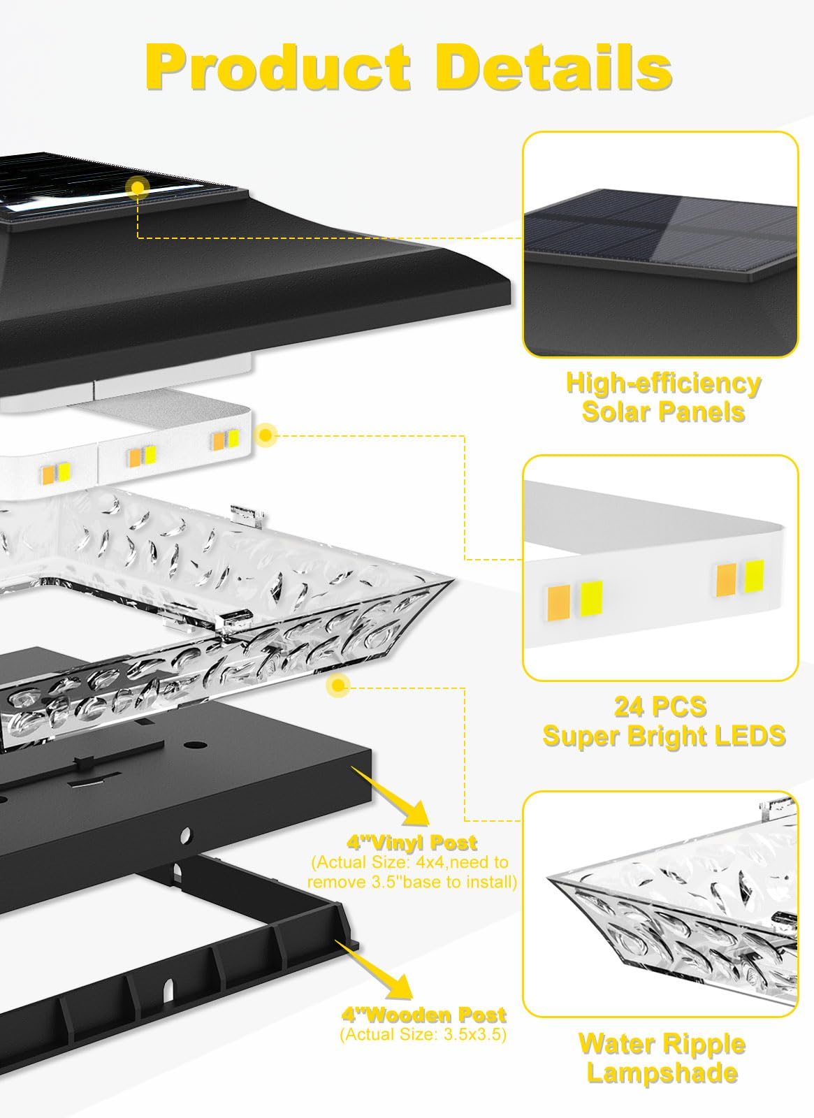 T-Sun Solar Post Cap Lights 6 Pack For 4X4 Vinyl/Wooden Posts  Waterproof Outdoor Warm & Cool White(3000K/6000K) Solar Powered Deck/Garden/Patio Lighting