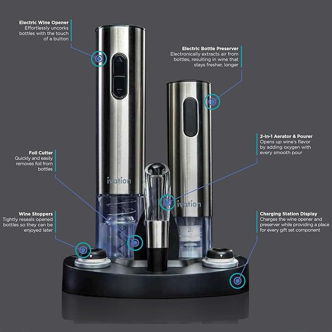 Ivation Electric Wine Gift Set – Includes Bottle Opener, Aerator, Vacuum Preserver, Stoppers, Foil Cutter & Charging Base