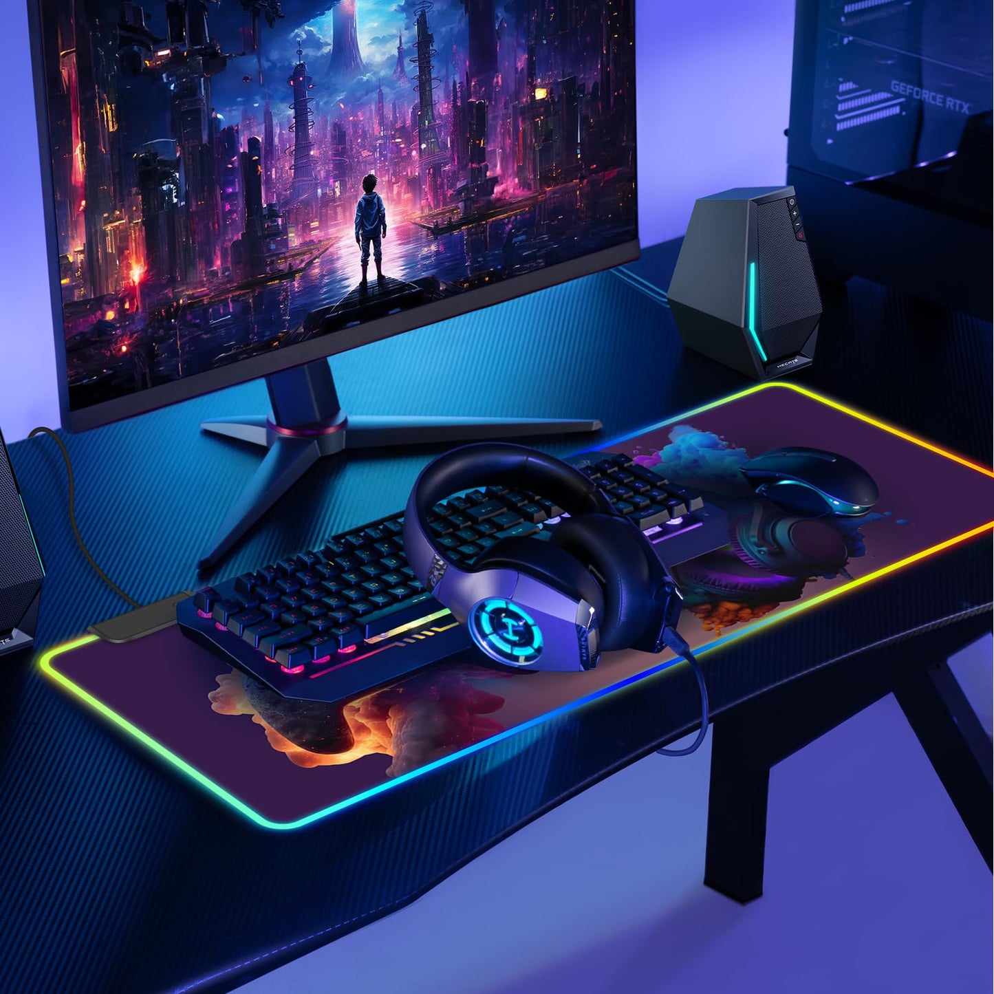 RGB Gaming Mouse Pad, Large Mousepad with LED Light 13 Light Modes Touch Control Extended Soft Computer Keyboard Mat Pad, Desk Mat with Non-Slip Rubber Base for MacBook Laptop(31.5X11.8, Game Handle)