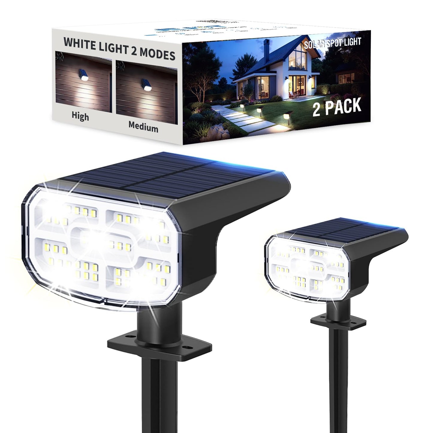 Jejot Solar Lights Outdoor Waterproof Ip65  Super Bright Led  6500K 2 Lighting Modes  Solar Powered Yard Garden Solar Spot Lights For Outside Landscape Auto On/Off -6500K 2 Pack