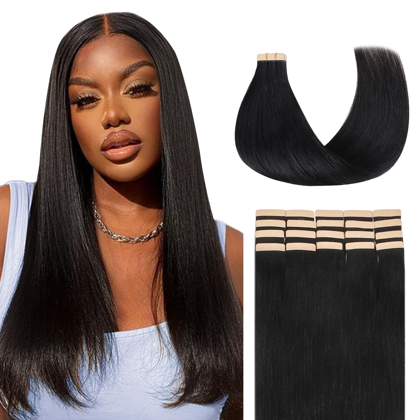 Lashey Tape in Hair Extensions Human Hair Yaki Straight 20pcs 50g Soft Invisible Double-Side Tape ins 14 Inch Natural Black for