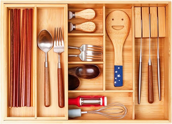 Double Layer Bamboo Kitchen Drawer Organizer Cutlery Utensil Silverware Drawer Organizer, Silverware Tray for Drawer Removable Utensil Holder Flatware Organizer Multi-use Storage Box (L)
