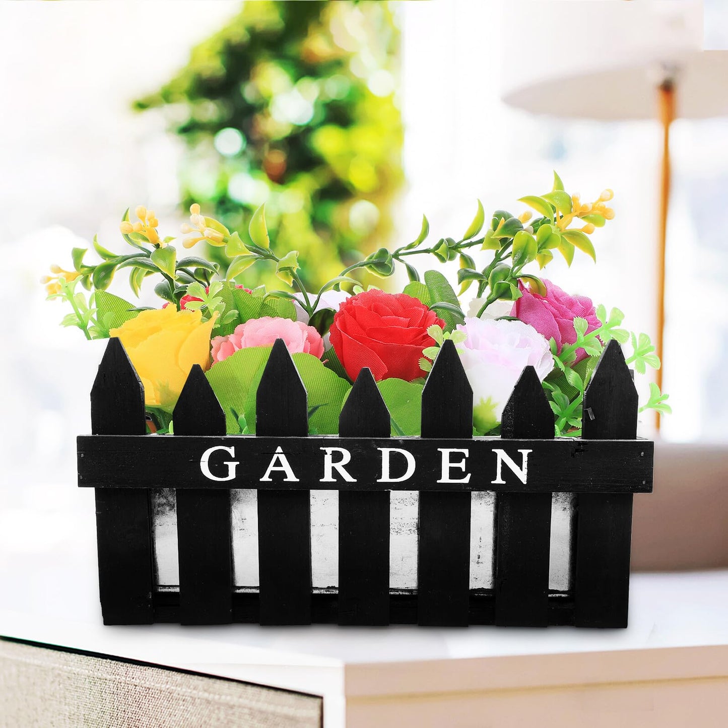 Toyvian Rectangular Wooden Fence Plant Pot for Balcony and Patio, Black Wood Planter Box with Fence Design, Outdoor Garden Flower Container for Plant Arrangement and Home Decor