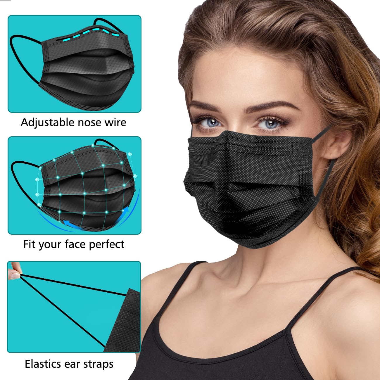 ZTANPS 50PCS Disposable Face Masks, Black Masks, 3 Layer Protection Black Disposable Face Masks
