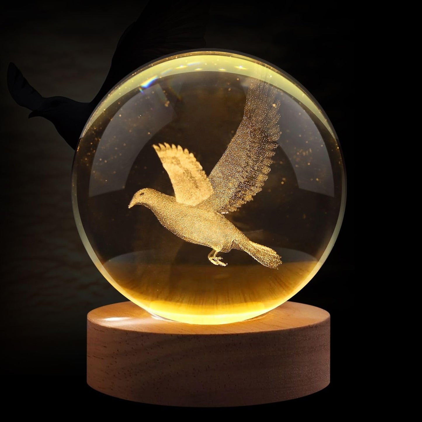 Flexzion 3D Bird Crystal Ball Night Light - Led Light Hologram Glass Lamp W/Solid Wood Base  Usb Powered Crystal Ball Lamp W/Adjustable Brightness For Home Decor Display Gift  3.15 Inch (80Mm)