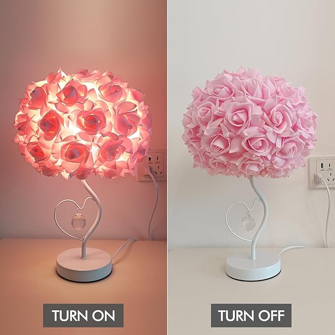 Pink Rose Flower Bedside lamp Princess Table lamp Flower Lamp for Nightstand Desk Light for Bedroom Women Girl Dating Gifts Party Wedding Decor Living Room Restaurant Office