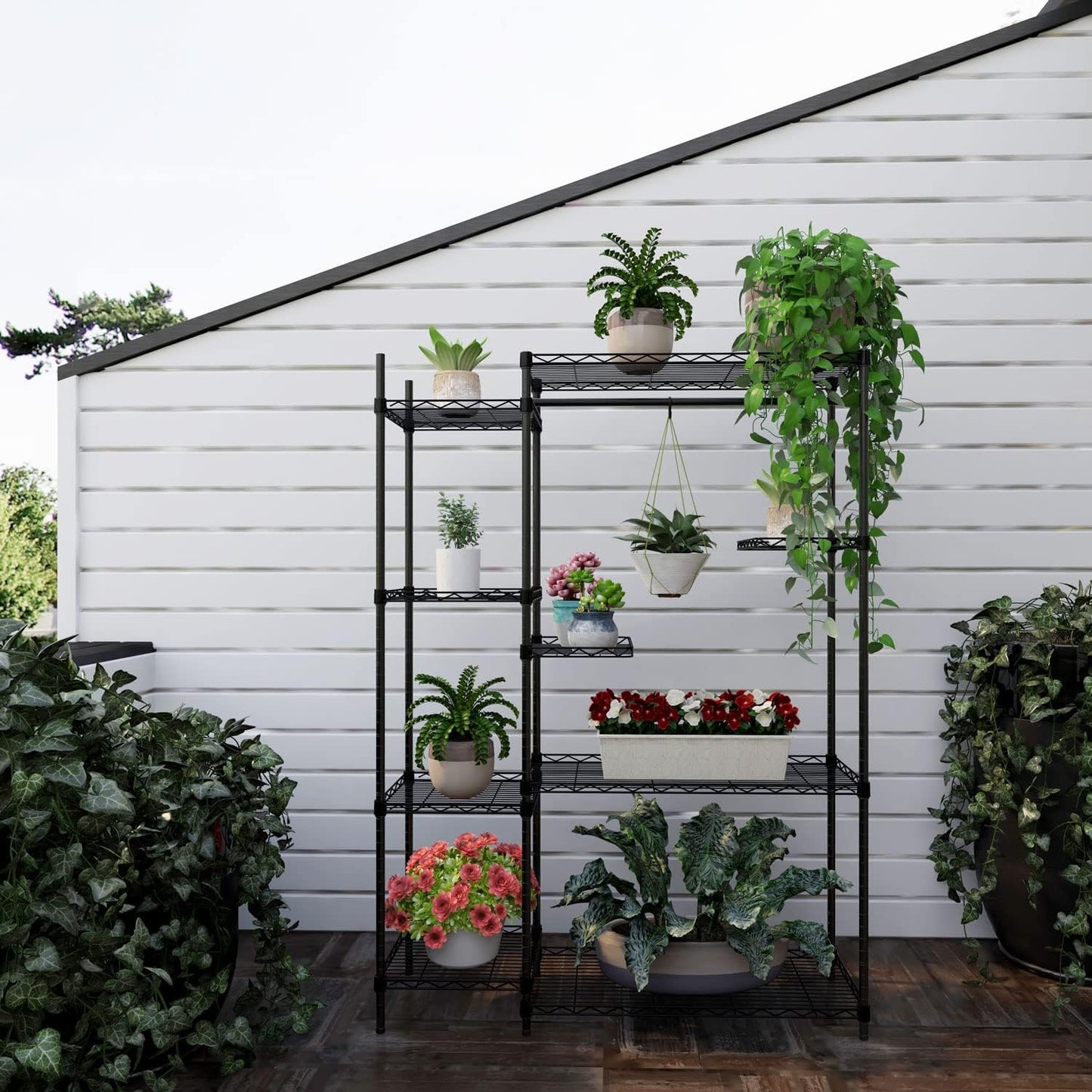 Xiofio Plant Stands for for Indoor Outdoor, Heavy Duty Metal Plant Stand,large Plant Shelf,Adjustable Plant Shelves With Hanging Rod for Living Room,Balcony,Garden,Black
