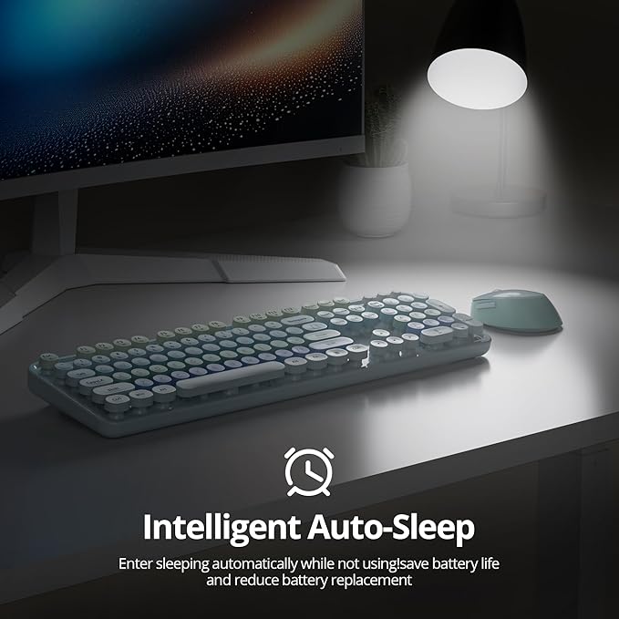 Wireless Keyboard and Mouse Set, Retro Typewriter Keyboard, 2.4GHz Full Size 104-Key Cute Keyboard with Number Pad, Colorful with Round Keycaps for Windows PC Laptop(Blue)