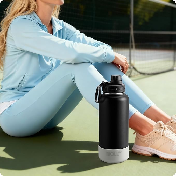 Insulated Water Bottle-32 oz Stainless Steel Vacuum Wide Mouth Sports Water Bottle with Silicone Boot-Metal Leak Proof Travel Water Flask for Men (Black)