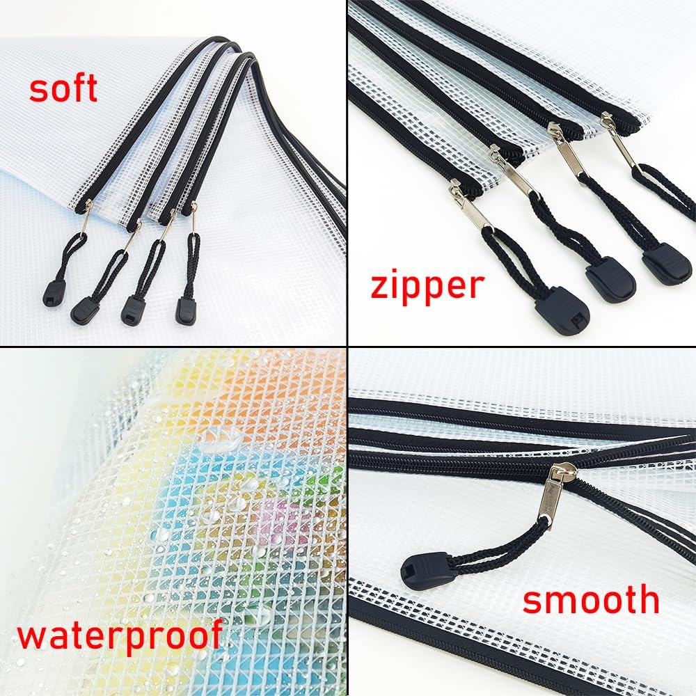 AUSTARK 10 Pcs Zipper File Bags, Waterproof Plastic Mesh Pouch for Office School, Board Game Storage Bags (A4 Size 13.4''x9.4'', White and Black)