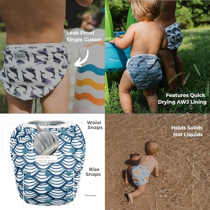 Nora's Nursery Reusable Swim Diapers and Wet Bag - One Size Fully Adjustable - Big Splash Unisex 3 Pack with Wet Bag