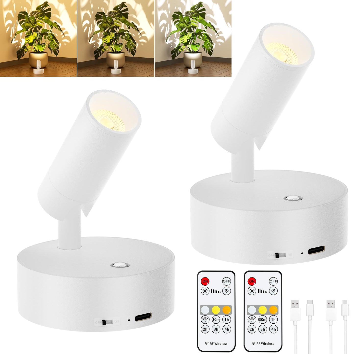 GORDNWE LED Rechargeable Spotlight, Dimmable Wireless Wall Lamp, Remote Control & Timer, Aluminum, White, 2 Pack, Model DX0036