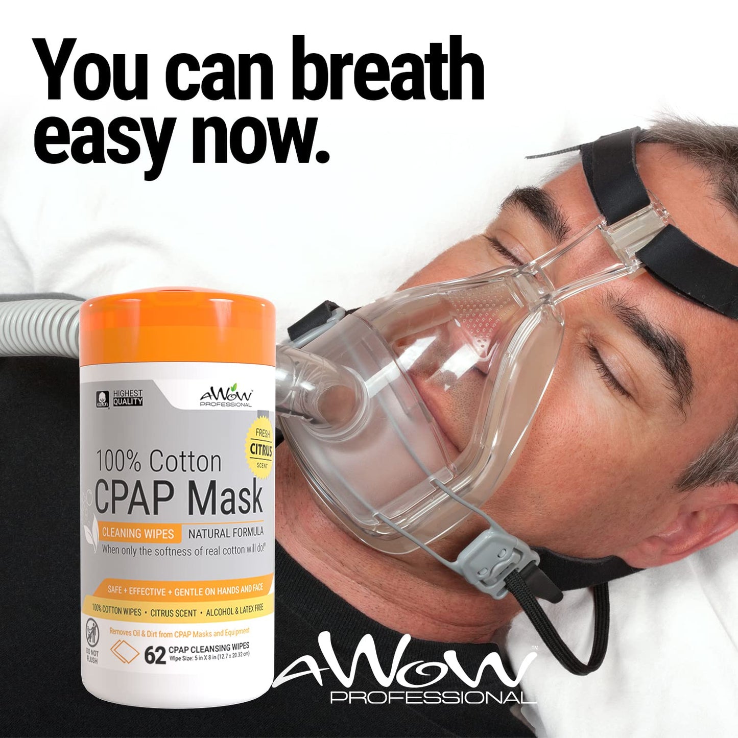 AWOW Scented CPAP Wipes CPAP Mask Cleaner for Daily CPAP/BiPAP Mask Maintenance, 100% Cotton Safe on CPAP Masks, Mildly Scented Citrus Fragrance 62 ct CPAP Mask Wipes (3pk, 186 CPAP Cleaning Wipes)