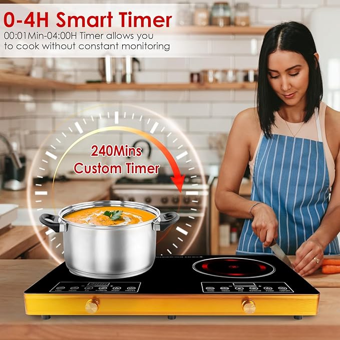 Double Burner Infrared Electric Cooktop, 3500W Ceramic Hot Plates for Countertop, 11 Power Levels 0-4H Timer, Portable Handle, LED Display, Portable Stove for Home RV Camping(White)
