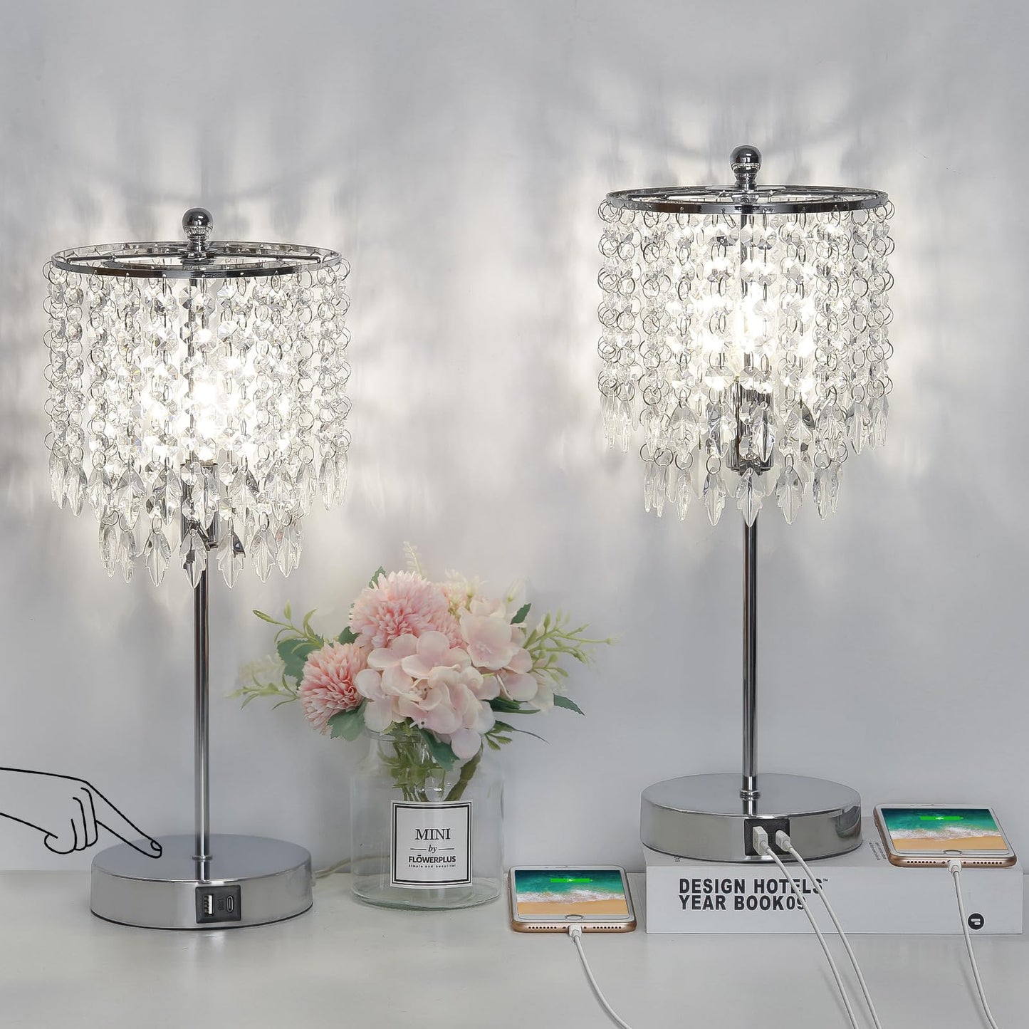 Boncoo Crystal Table Lamp Set Of 2, Touch Control, Usb Ports, Dimmable, Silver, Includes 4W Led Bulb, Elegant Nightstand Lighting