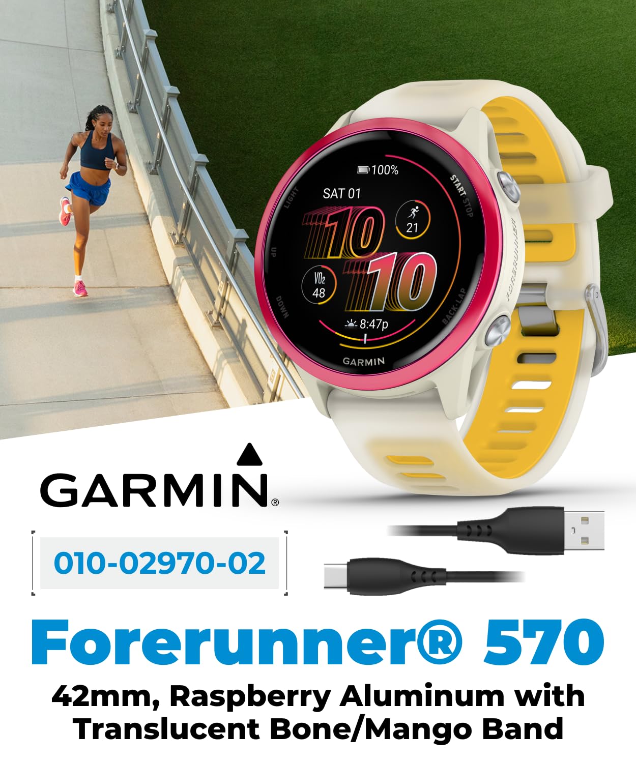 Garmin Forerunner 570 42mm Advanced GPS Running & Triathlon Smartwatch, AMOLED Display, Training & Recovery Features, Raspberry Aluminum w/Translucent Bone/Mango Band w/ Wearable4U PowerBank Bundle