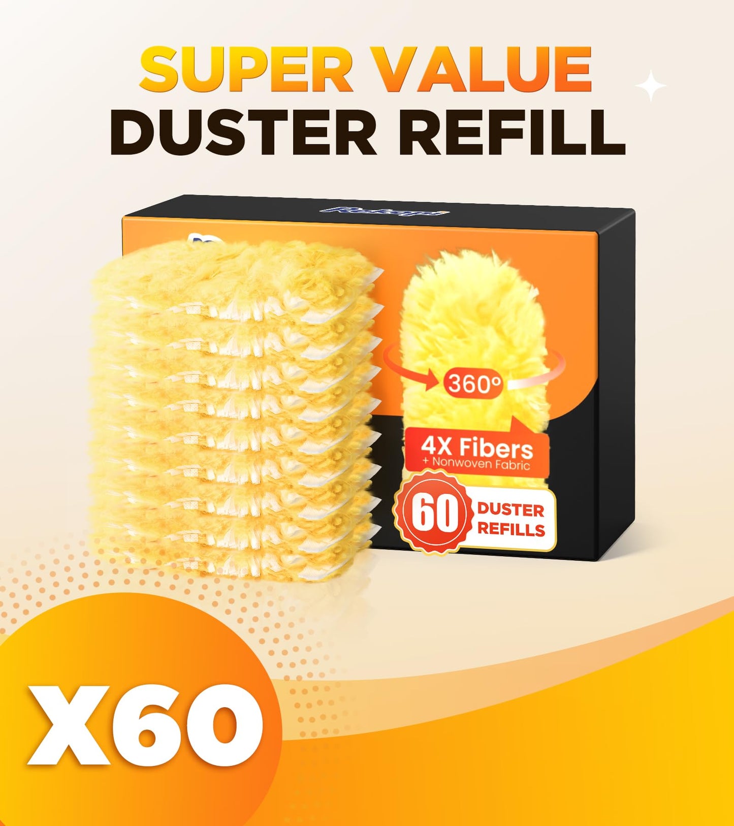 60 Count Heavy Duty Duster Refills for Swiffer, Multisurface 360° Larger Size Dusters with 4X Microfibers, Unscented Disposable Dusters for Cleaning Home, Blinds, Fans, Corners (Only Duster)