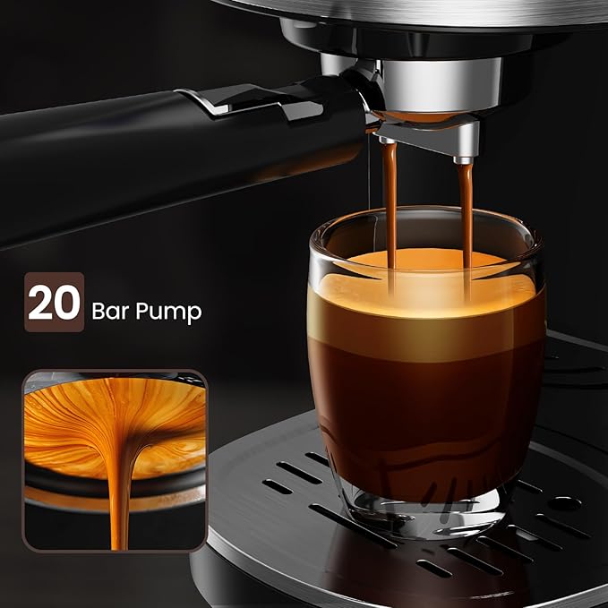 Espresso Machine 20 Bar, Professional Stainless Steel Coffee Maker with LCD Display, Steam Wand, 45oz Removable Water Tank, for Espresso, Cappuccino, Latte at Home or Office, Black