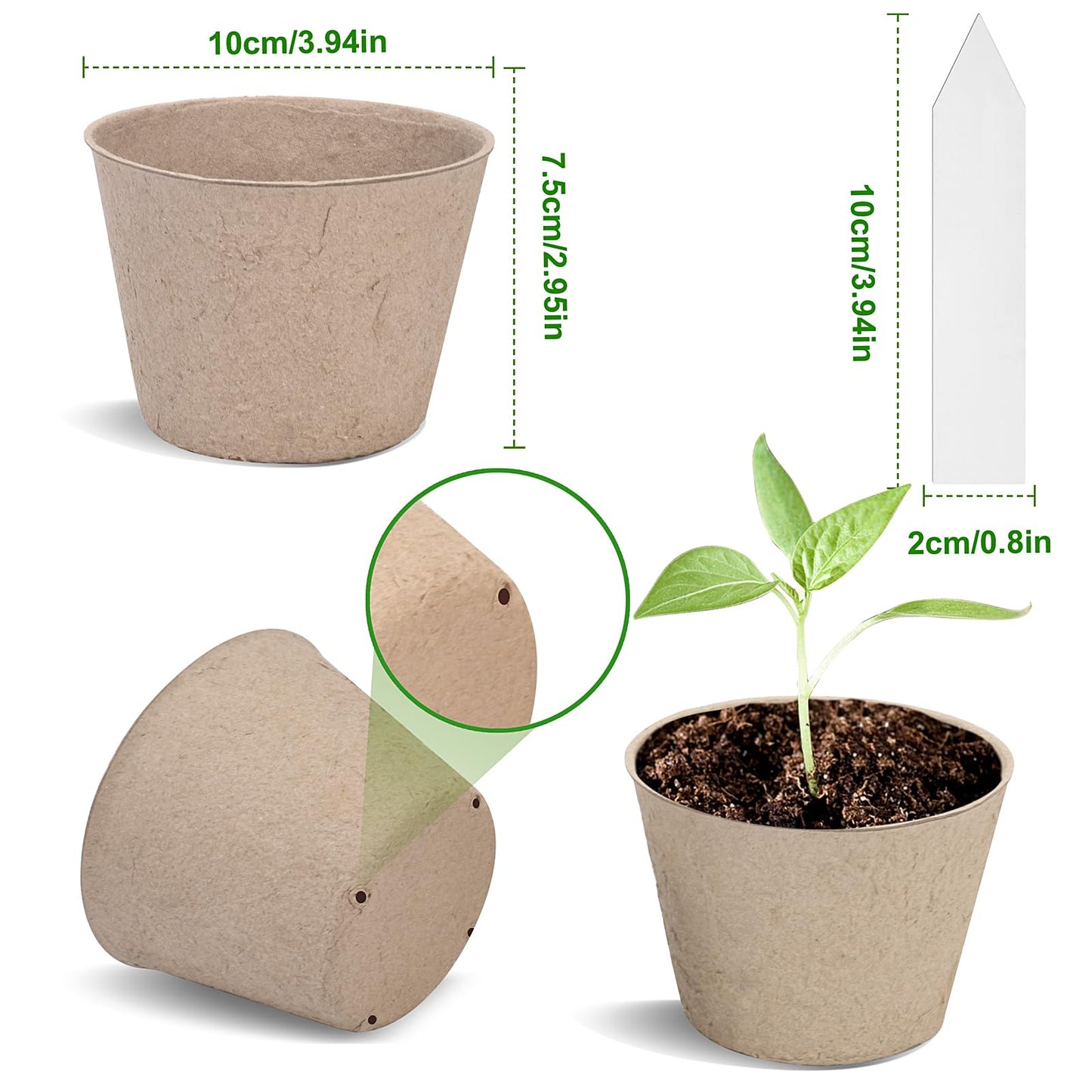 ARGCONNER Peat Pots, 60 Pack Plant Starter Round Nursery Pot with Drainage Holes, Garden Germination Seedling Pots with 30 Plant Labels (4 Inch)