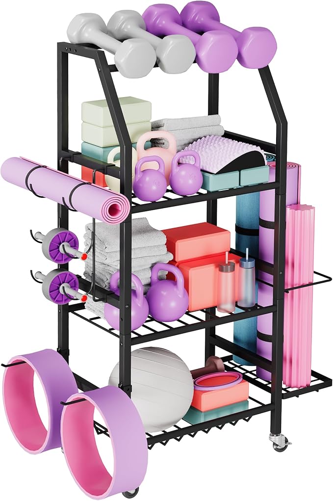 Homeiju Dumbbell Rack, Weight Rack for Home Gym, Yoga Mat Storage Holder with Lockable Wheels, Dumbbell Stand with Hooks, ...
