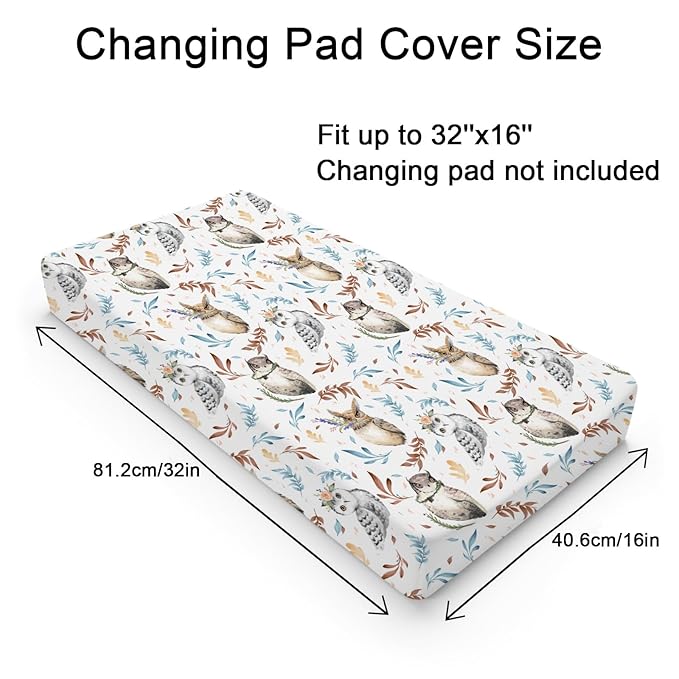 Watercolor Owl Flowers Leaves Changing Pad Cover Diaper Cute Owl Birds Floral Changing Table Cover Sheets for Boys Girls Soft Breathable Stretchy Diaper Changing Pad Mat Cover Sheets 32''x16''