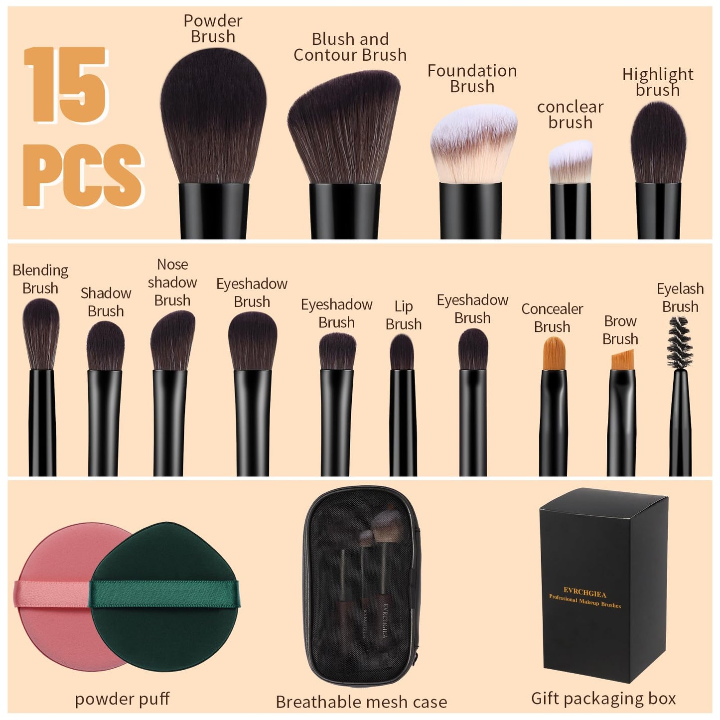 Travel Makeup Brush Set, 15 pcs Mini Makeup Brushes and 2 Puff for Foundation, Powder, Eyeshadow, Highlight, Contour, Blush & Co