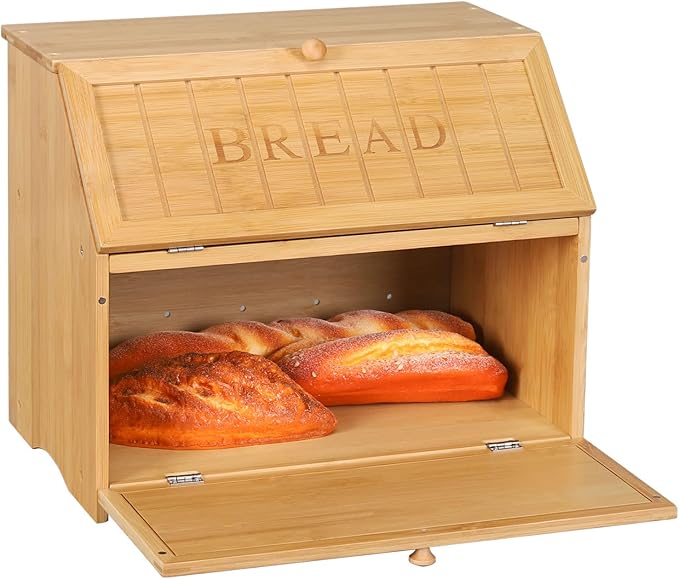 HOMEKOKO Vintage Double Layer Large Bread Box for Kitchen Counter, Retro Design Wooden Large Capacity Bread Storage Bin (Natural Bamboo)