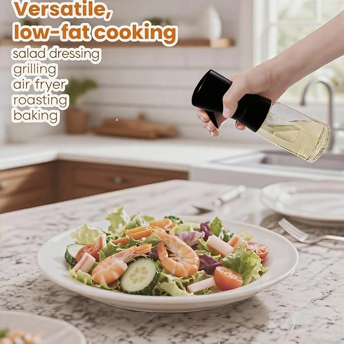 Olive Oil Sprayer for Cooking, 220ml Glass Oil Dispenser for Kitchen Gadgets, Food Grade Premium Spray Bottle, Continuous Spray with Portion Control, for Salad, Frying, BBQ (Black Cap)