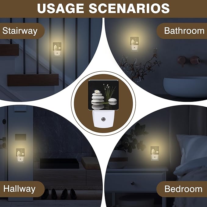 Grey Stones and White Lotus Night Light, Plug-in Nightlight with Dusk to Dawn Auto Sensor for Home Bedroom Hallway Kitchen 0.5W Sleep Friendly Led Lamp for Women Men