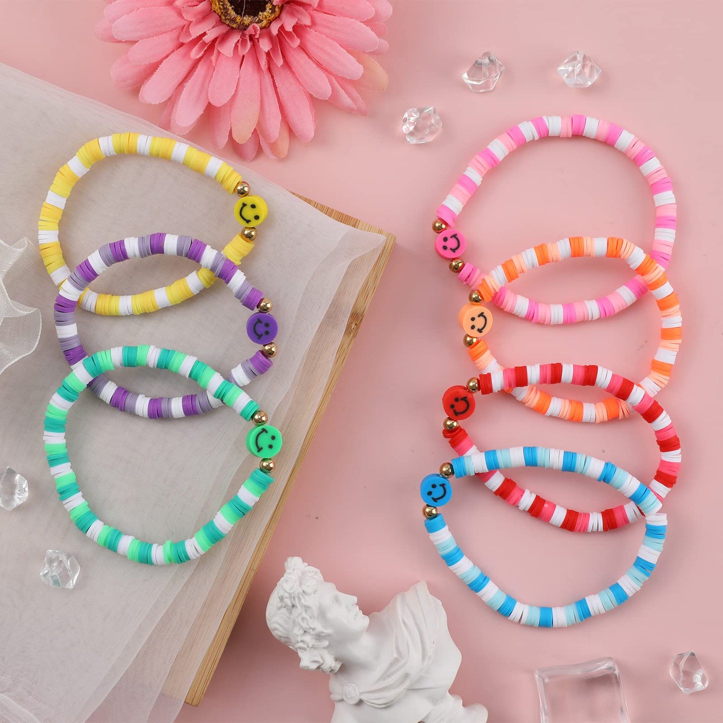 Rainbow Beaded Bracelets for Women Colorful Smiley Face Bracelets Set Bohemian Stackable Stretch Elastic Surfer Heishi Clay Bead