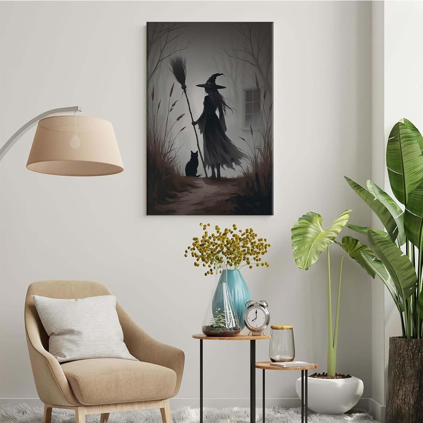 Vintage forest witch and black cat poster Halloween mural poster decoration mural art magic suitable for home living room bedroom24x36in Wood Framed