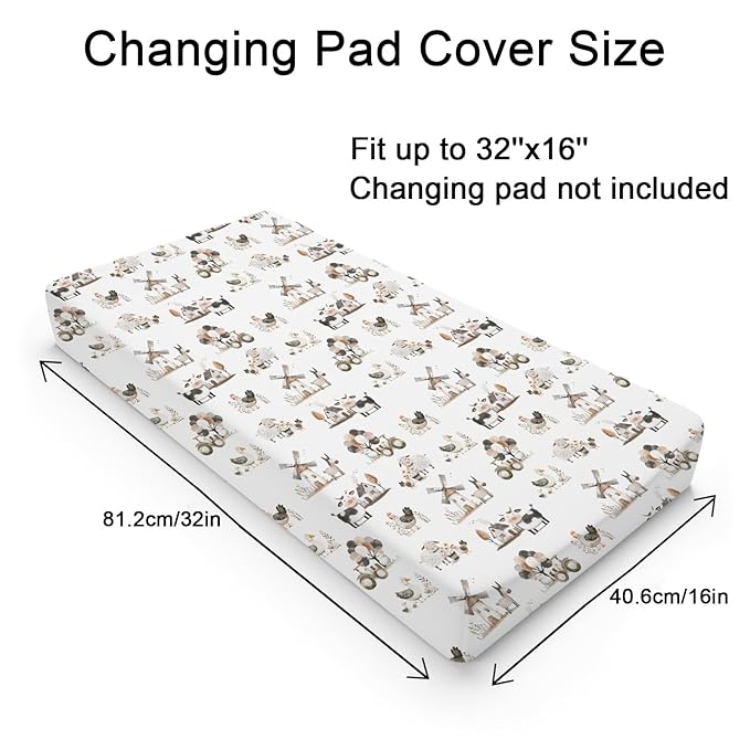 Boho Farm Animals Baby Changing Pad Covers for Boy Girl 32''x16'' Farm Cow Chicken Duck Lamb Donkey Barn Windmill Flower Fitted Diaper Change Table Mats Spring Farm Life Soft Cradle & Bassinet Sheets