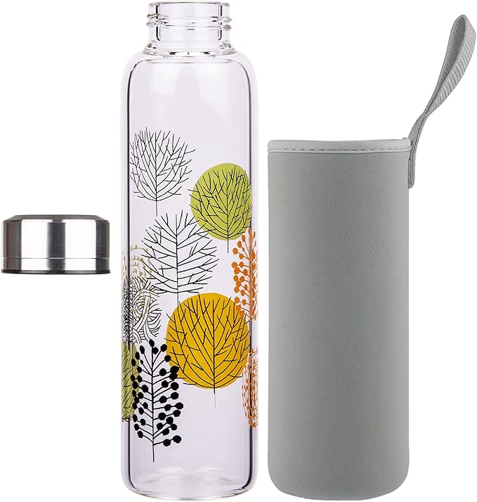 Borosilicate Glass Water Bottle, Sports Glass Drinking Bottle with Neoprene Sleeve and Stainless Steel Lid 16oz / 32oz (32oz, Forest)