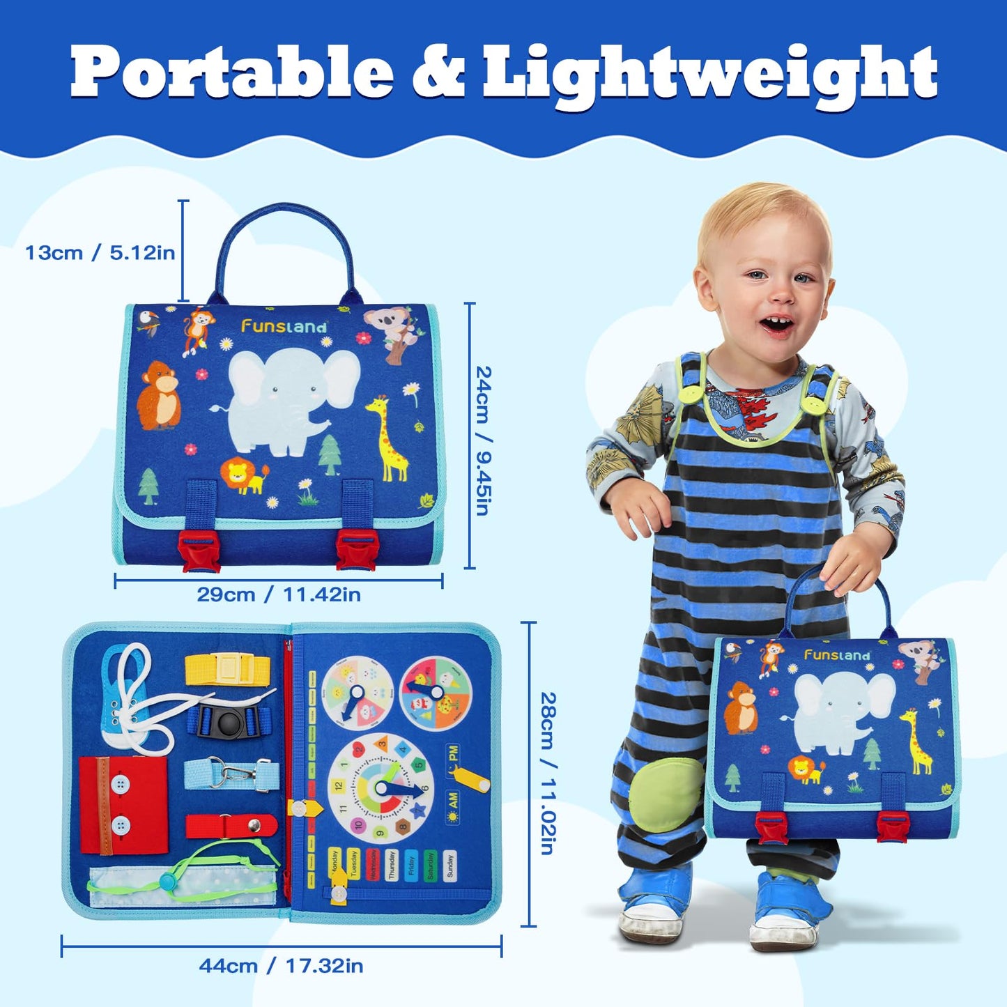 Funsland Toddler Busy Board Book - 8 in 1 Montessori Toys for 1 2 3 4 Year Old Learning Educational Activity Gifts for Girls Boys