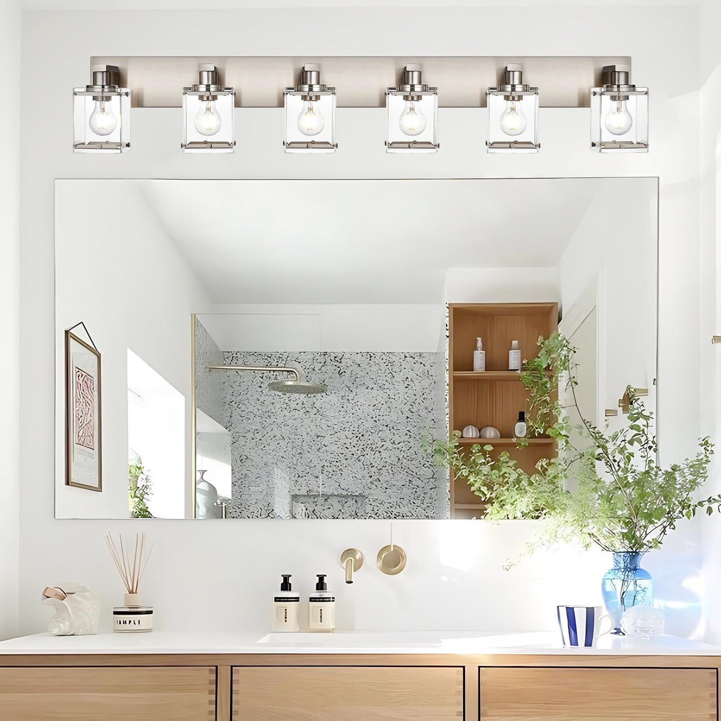 Winshen 6-Lights Brushed Nickel Bathroom Light Fixture Over Mirror  Modern Wall Sconce With Clear Glass Shades  E26 Bulb Base Vanity Lighting For Over Mirror Kitchen