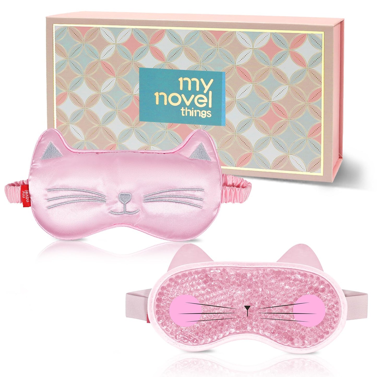 Cooling Eye Mask and Sleep Mask for Woman 2 Pcs, Cute Animal Cat Cartoon Pink Sleeping Mask Soft Cold Warm Compress Gifting for Dry Eyes Puff Eye Migraine Spa, Office, Morning Refreshment