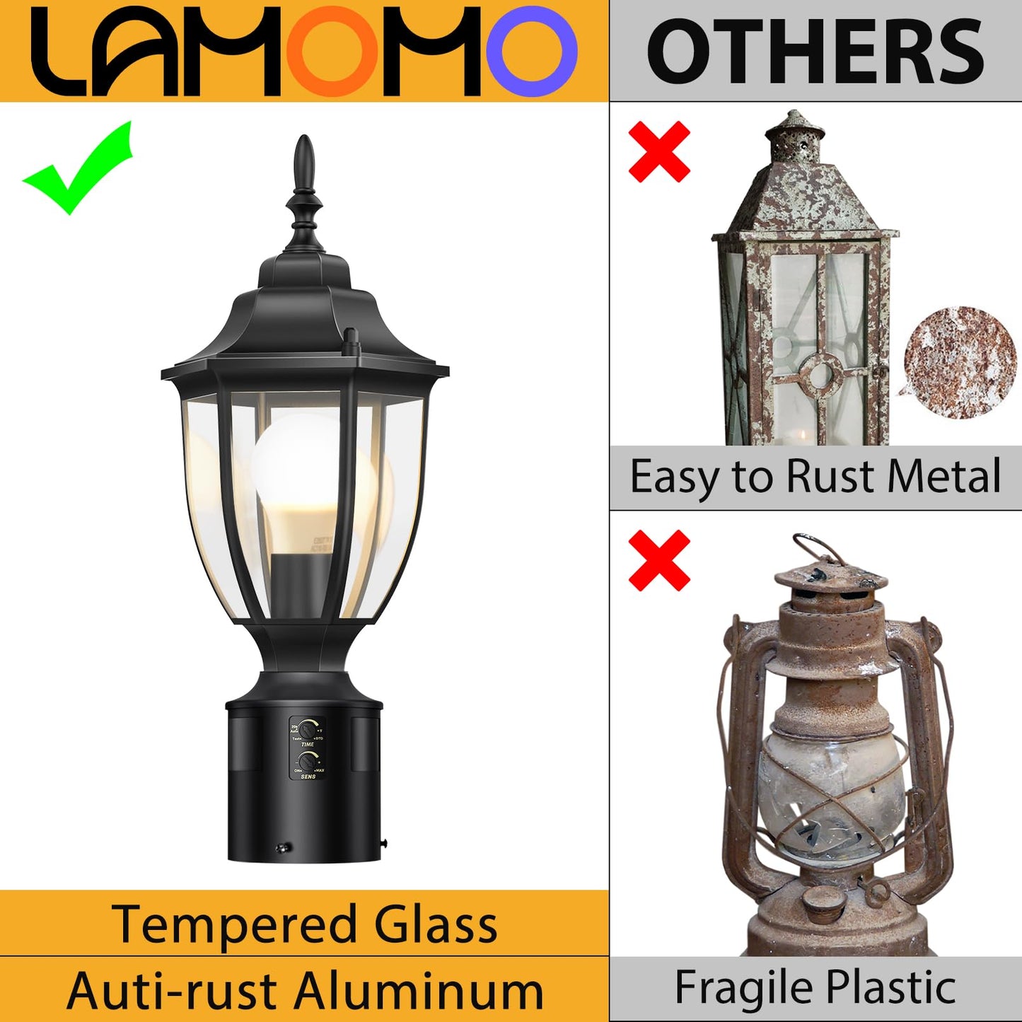 Lamomo Motion Sensor Outdoor Post Light, Aluminum Waterproof Lamp, Dusk to Dawn, 1 Pack, Black