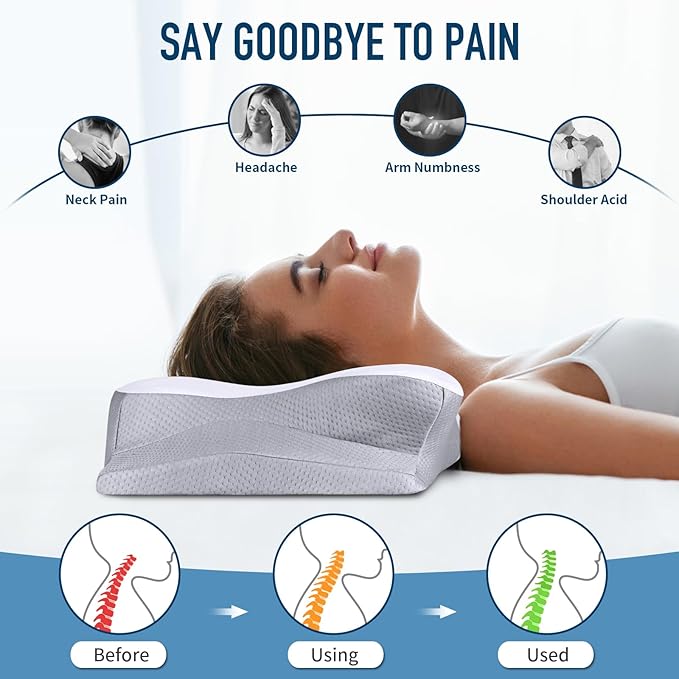 Memory Foam Pillows Cervical Neck Pillow for Neck Pain Relief, Contour Cooling Bed Pillow for Sleeping, Odorless Ergonomic Orthopedic Neck Support Pillows for Side Back Stomach Sleeper with Pillowcase