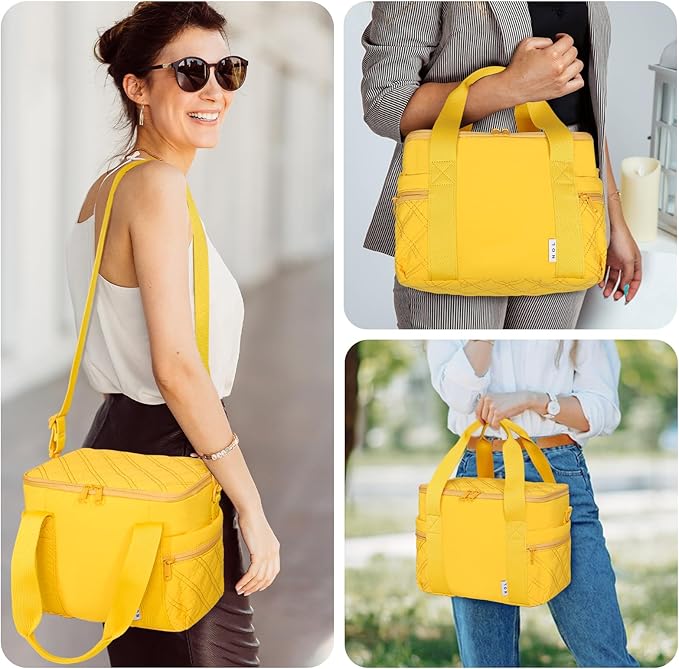 NOL Natural Organic Lifestyle Women's Nylon Lunch Cooler Cute Quilted Lunch Bag Large Leakproof Insulated Lunch Tote Bag for Work Picnic Travel,Earth-yellow
