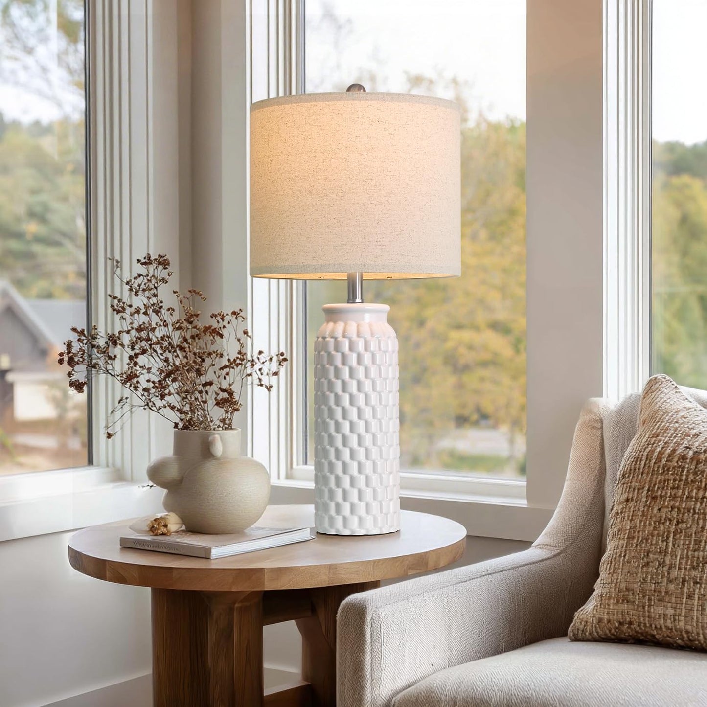 Usumkky 27 White Modern Ceramic Living Room Lamps Bedside Lamp Set Of 2 For Bedroom Decor Farmhouse Table Lamp For Living Room Office Dorm