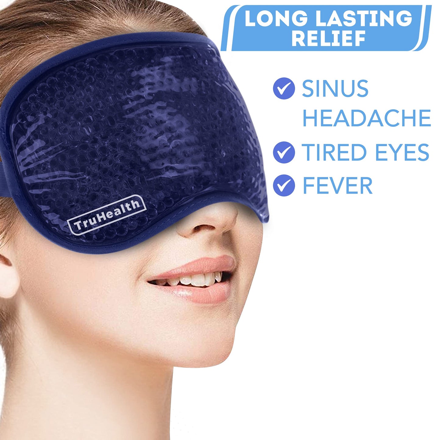 TruHealth Gel Bead Hot and Cold Eye Masks - FSA HSA Approved Reusable Gel Bead Ice Pack Provides Ice and Heat Pain Relief for Head, Puffy Eyes, Beauty, Relaxing, and Sleep (Navy Blue)