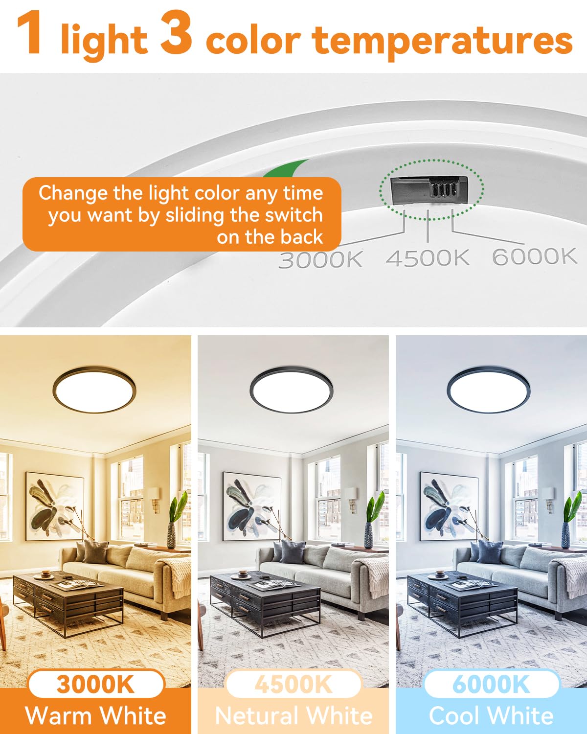 slochi 4PACK LED Ceiling Light Fixture 24W 3000K/4500K/6000K Ultra Slim Black, 9 Inch, Model CL02MA-4-BK