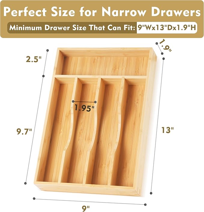 Bamboo Kitchen Drawer Organizer, 9 Inch Silverware Utensil Holder for Samll Drawer, Narrow Silverware Organizer for Cutlery Knives