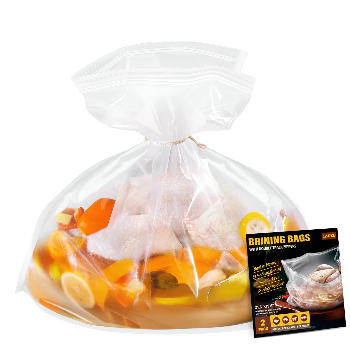Turkey Brining Bags Kit of 2 Extra Large  21.6?19.6  Brine Bag with Double-Zippered for Secure Seal  Heavy Duty with Gusseted Bottom  Holds up to 30lbs  Secret to Juicy Turkeys