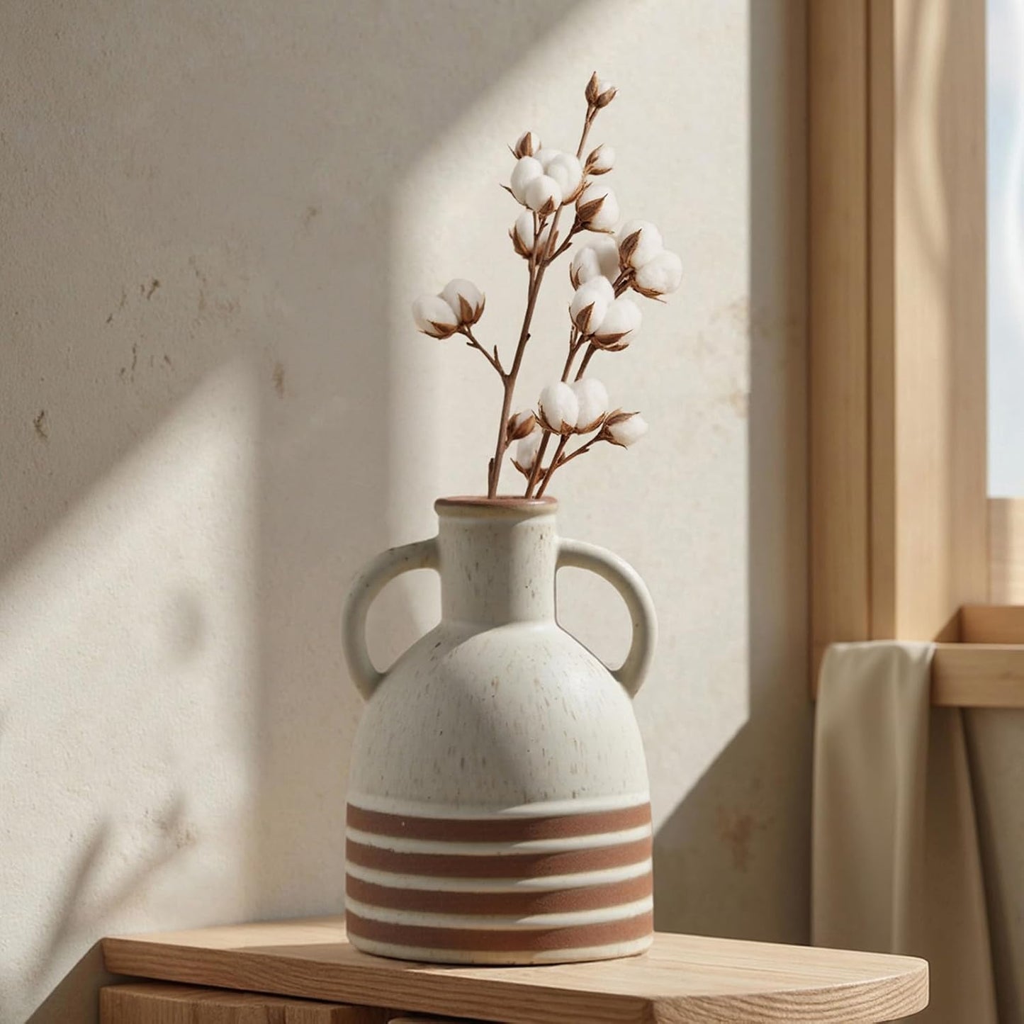 Rustic Farmhouse Ceramic Vase, Pastoral with 2 Ear Design, Boho Vintage Terracotta Vases for Bouquet、Fake Plants, Suitable for Home Decor, Shelf, Dining Table, Living Room, Mantle, Bathroom, 6.9 Inch