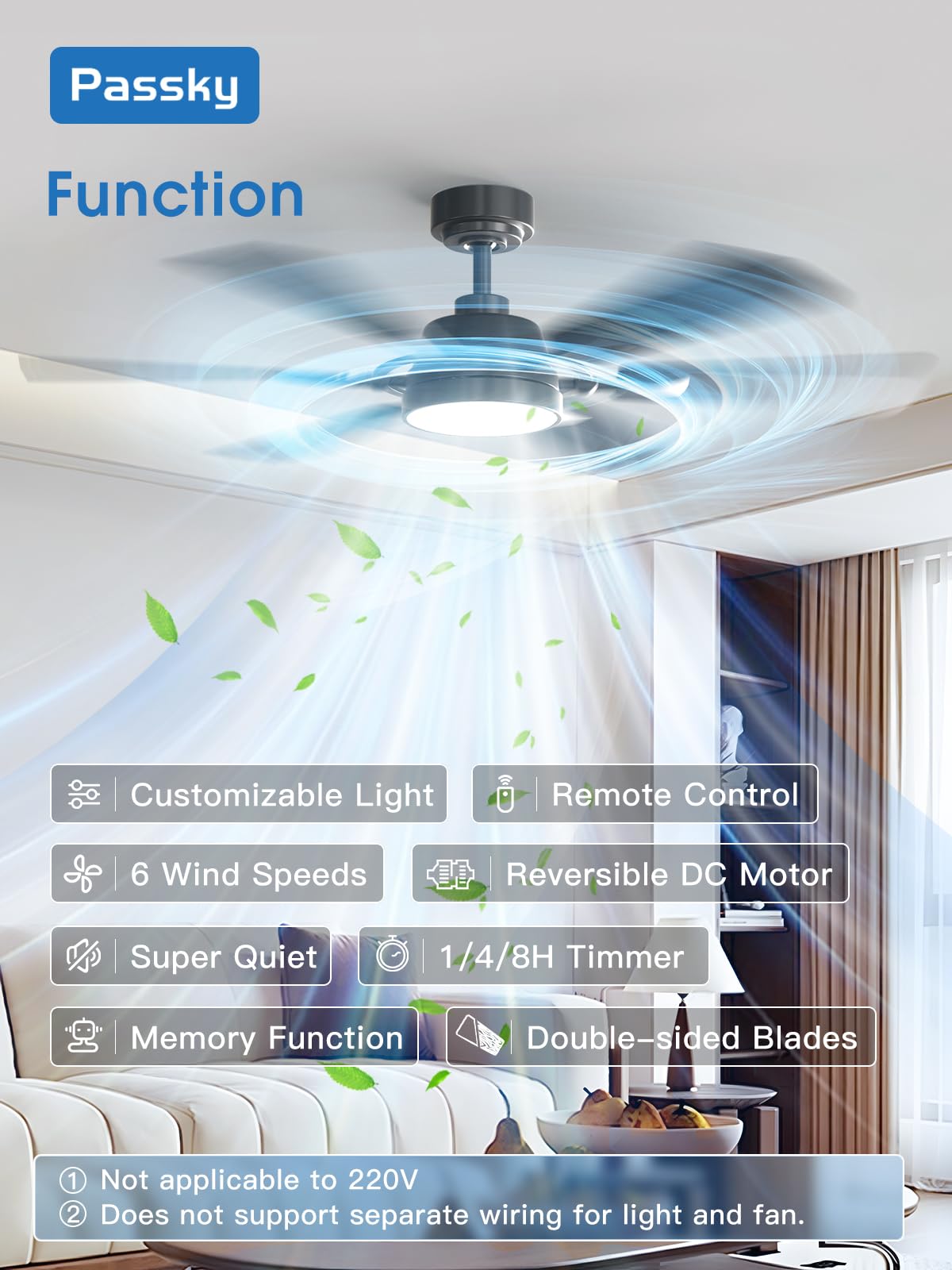 Passky Ceiling Fans With Lights, 52 Inch Ceiling Fan With Light And Remote Control, Reversible, Dimmable, 3Cct, Quiet, Black Mod