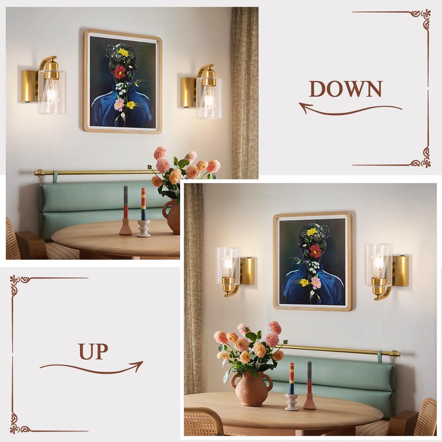 BELS Wall Sconces Set of 2, 8 Inch Gold Battery Operated, Dimmable with Remote, Clear Glass, Model VL-1195WT-GD-2P