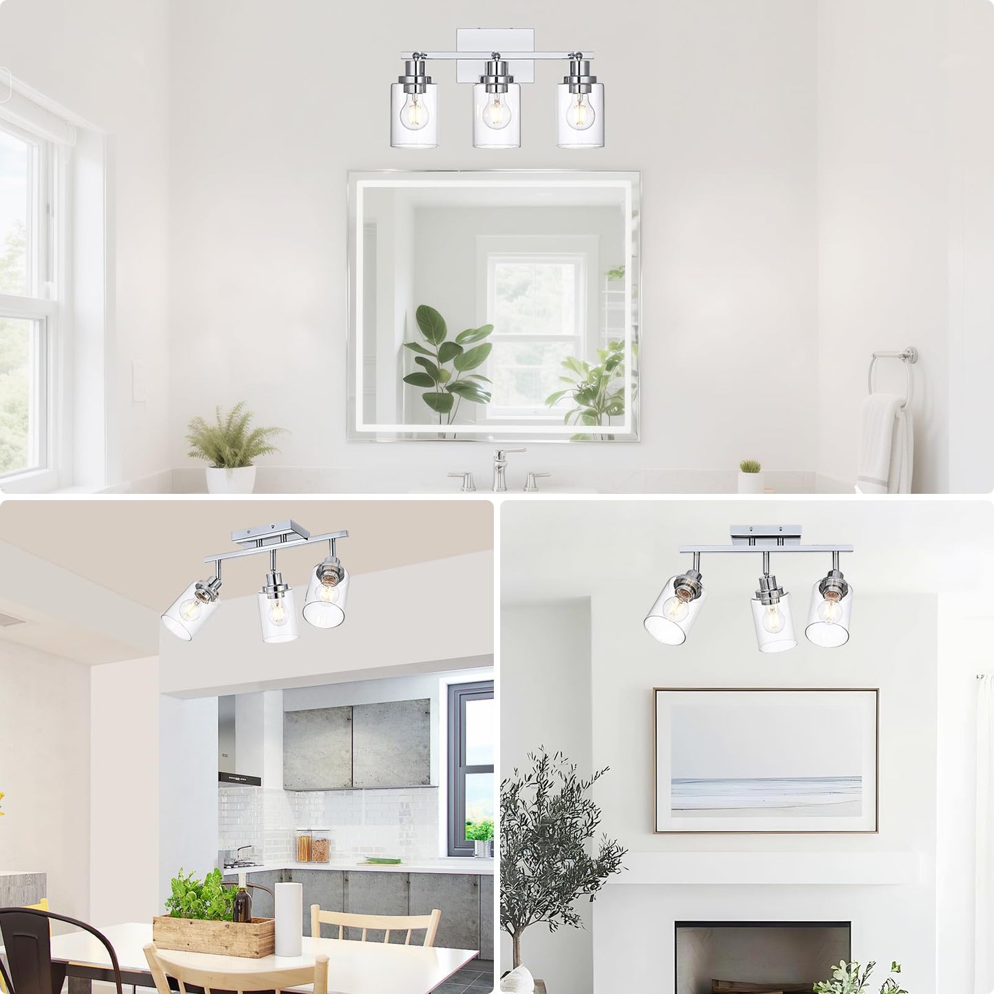 Wanluce 3-Light Track Lighting Kit Ceiling Kitchen Track Lighting Fixtures Chrome Bathroom Vanity Wall Lights With Clear Glass Multi-Directional Rotating Tracking Light Heads Spotlight For Accent Shop